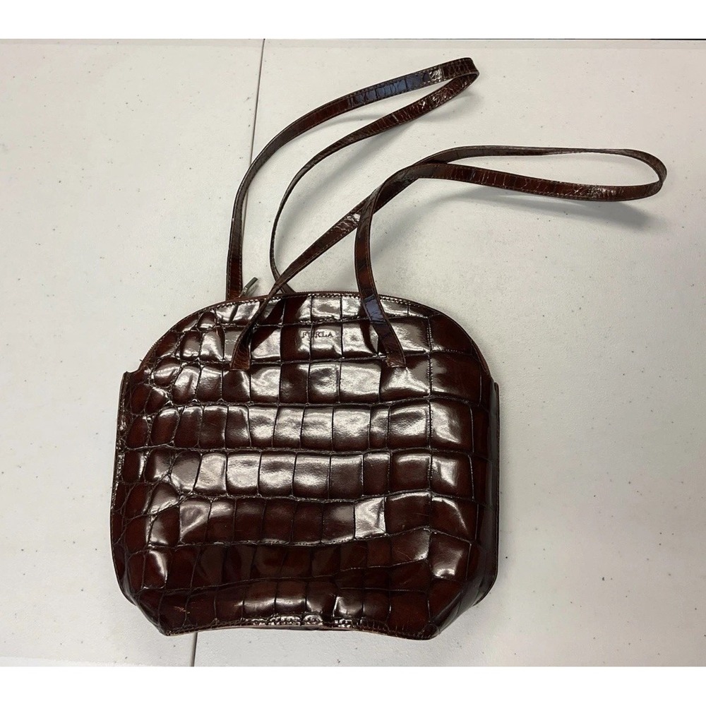 FURLA Brown Patent Leather Alligator Pattern‎ shoulder Bag  Made In ITALY